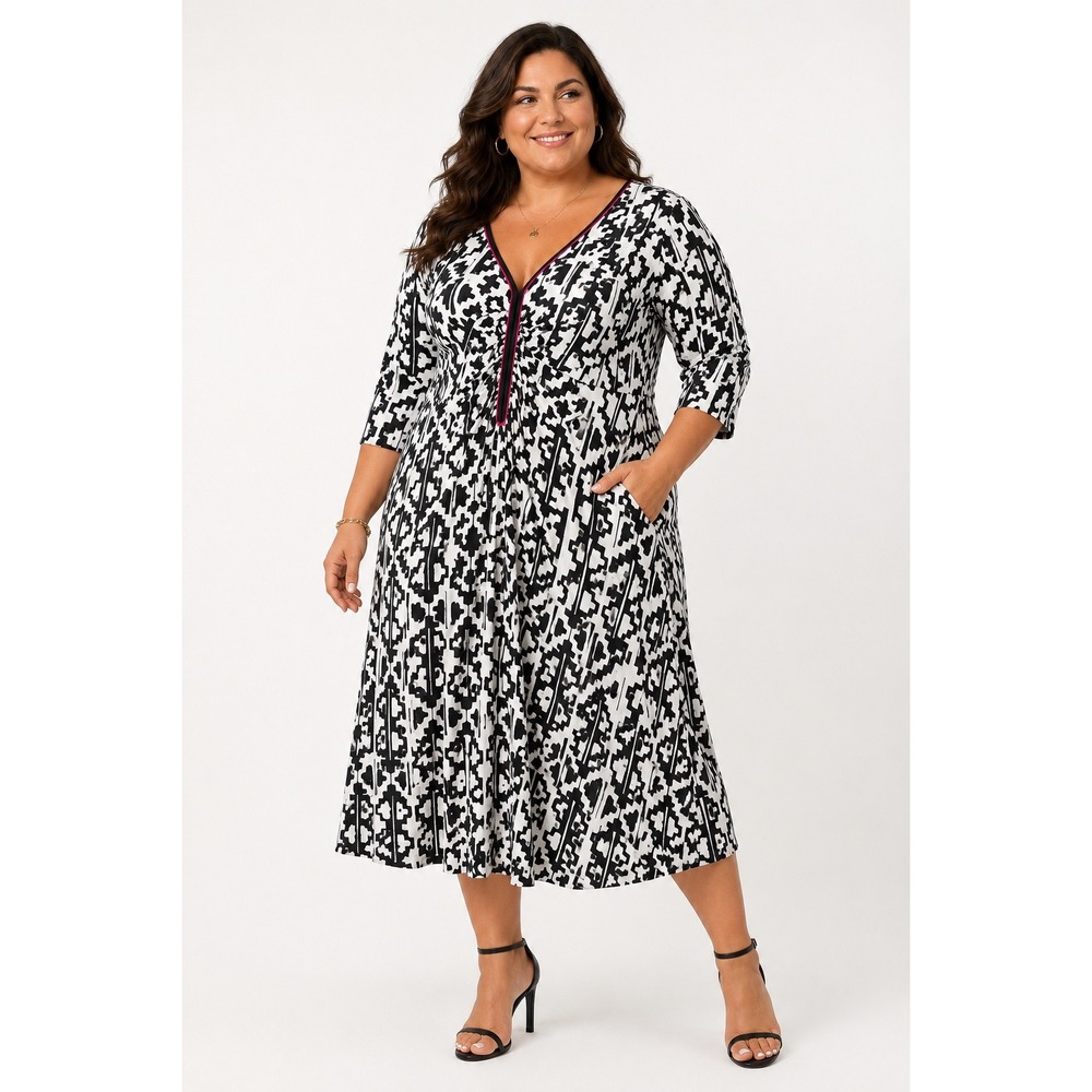 Kanope Black White Geometric Tribal V-Neck Midi Dress with‎ Pockets Plus Size